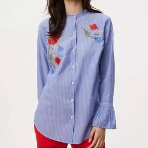LOFT Harvest Floral Embroidered Striped Button Down Blouse Ruffle Cuff Blue Red